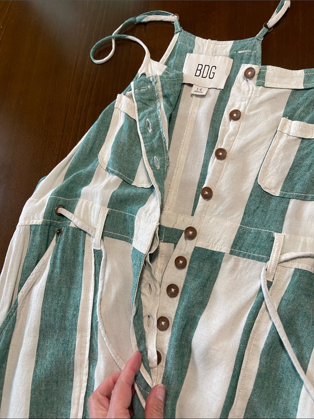 BDG Teal and Cream Striped Button-Front Jumpsuit (dungarees) with skinny straps - Picture 16 of 16